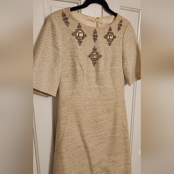 TED BAKER • Gold & Cream Weave Dress with Embellishments, Size 3 (Mediu… - Picture 2 of 8